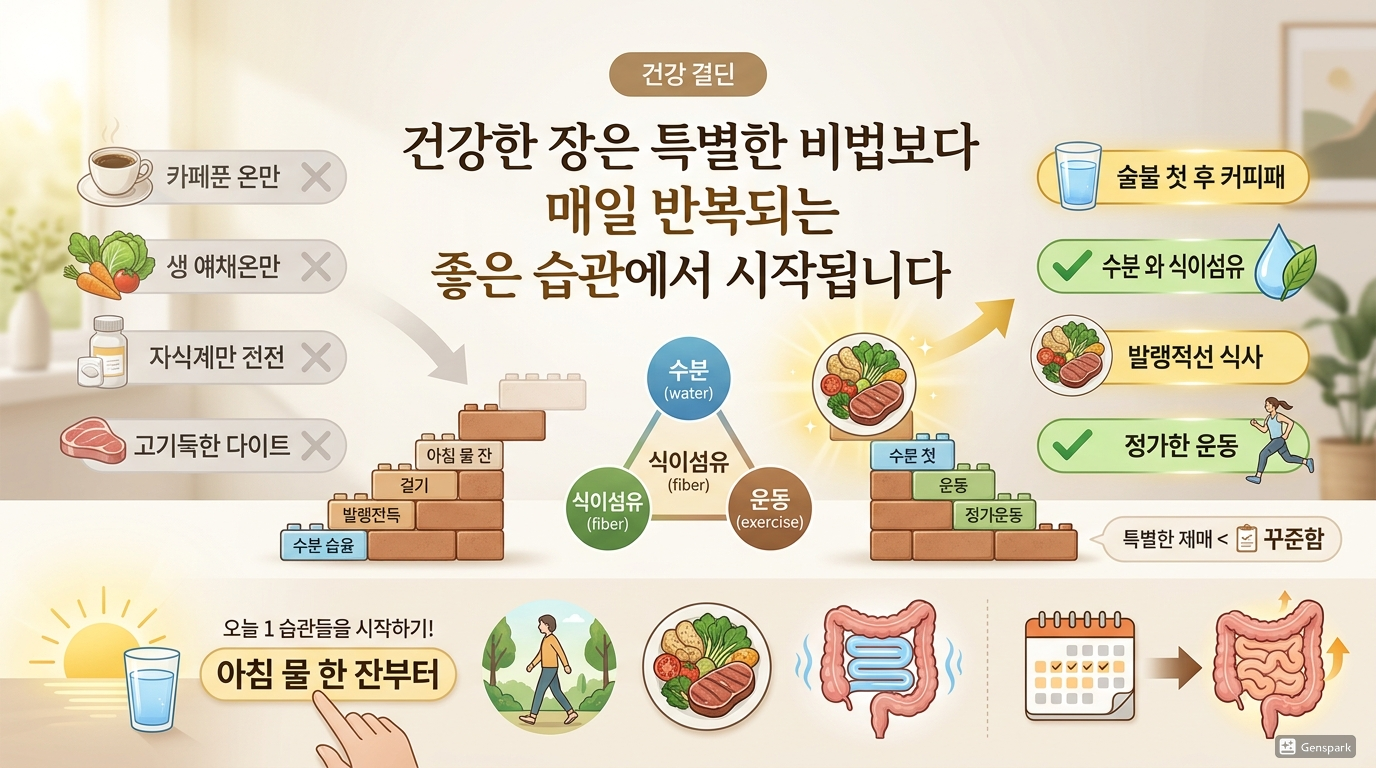 건강한 장은 특별한 비법보다 매일 반복되는 좋은 습관에서 시작됩니다