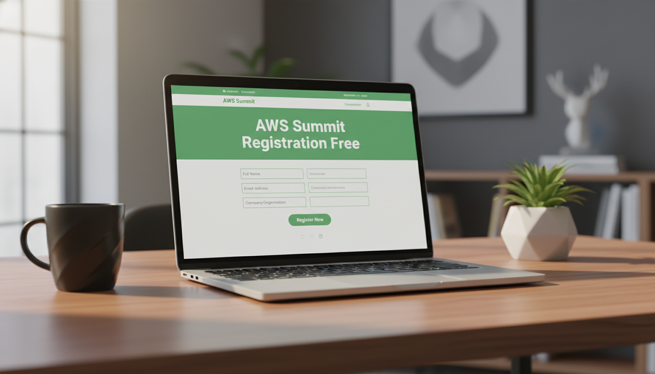 깨끗한 우드 테이블 위에 놓인 노트북 화면 속 AWS Summit 무료 참가 등록 페이지 시각적 예시