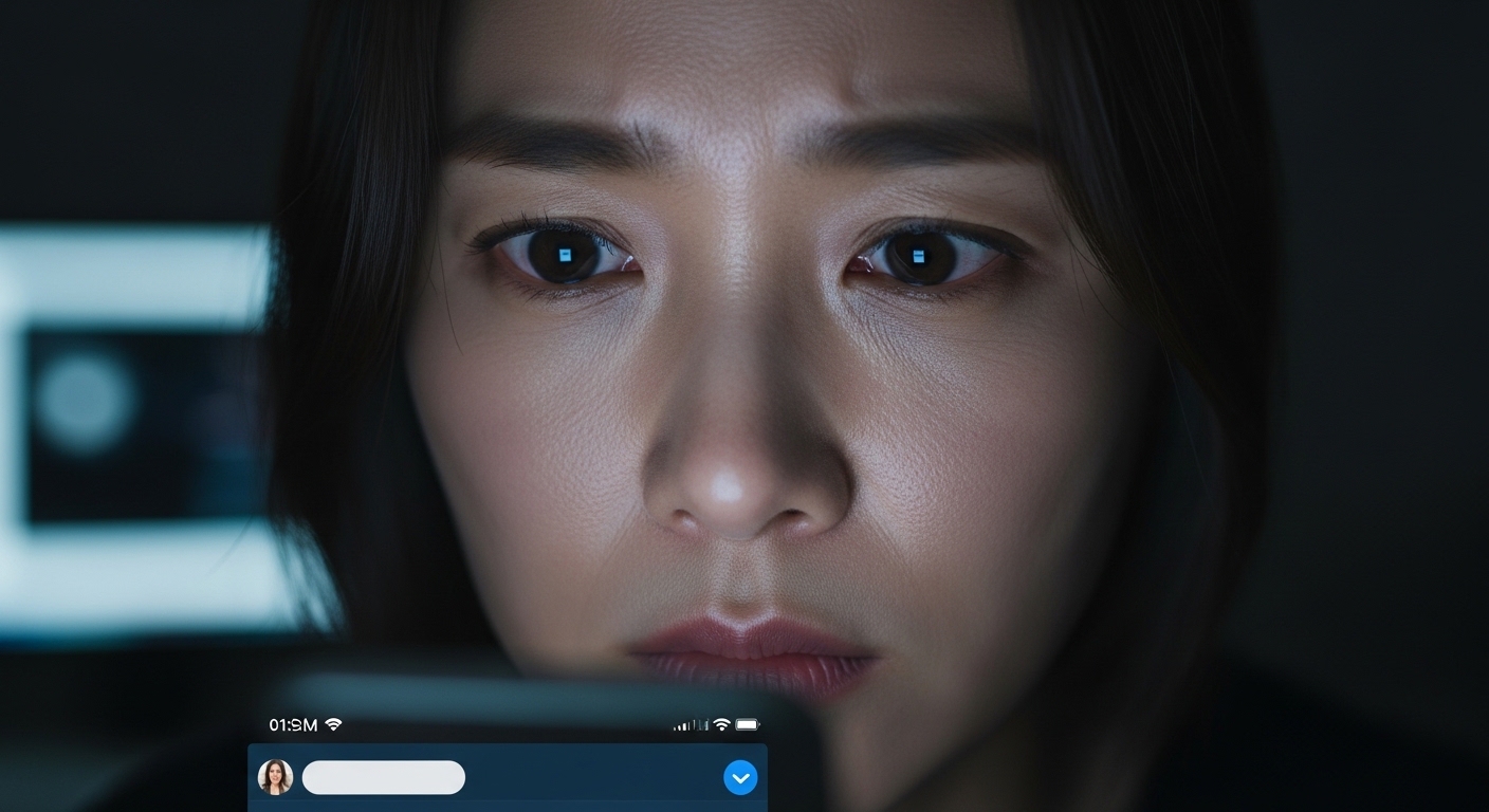 스마트폰-채팅창을-응시하며-초조해하는-한국인-여성