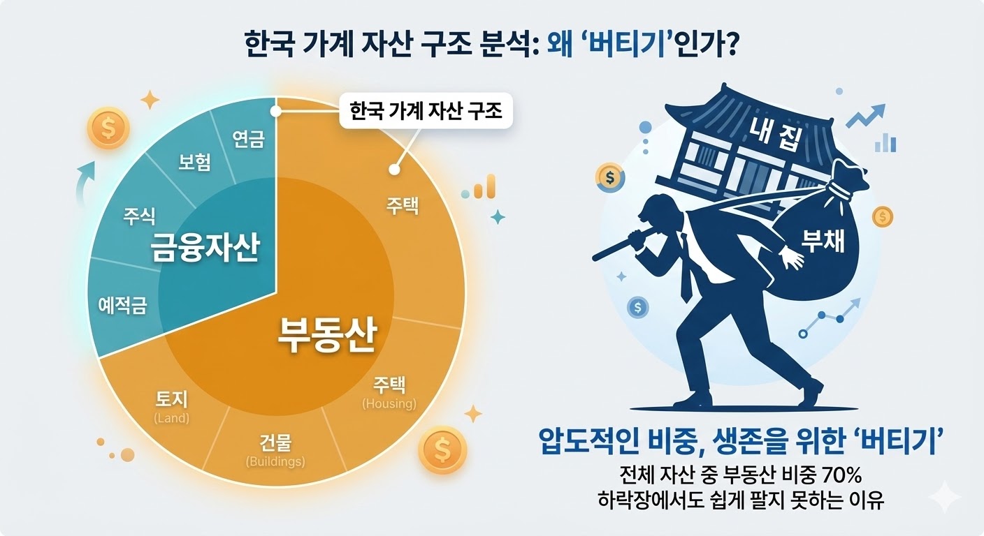 한국 가계 자산 중 부동산 비중 70%를 나타내는 파이 차트와 집을 짊어지고 있는 사람의 실루엣