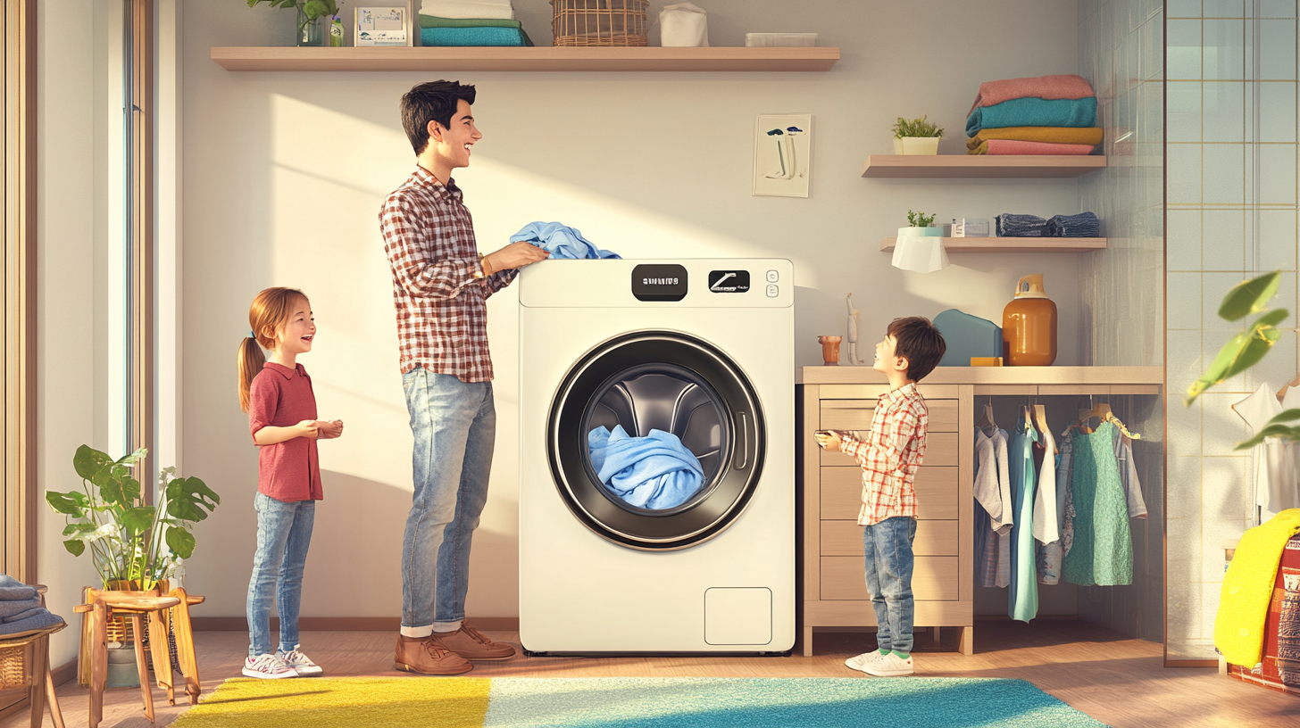 작은 아파트에서 삼성 WD25DBBZF24C를 효율적으로 활용하며 공간 절약과 신선한 세탁물을 즐기는 가족의 일러스트, 아늑하고 활기찬 분위기