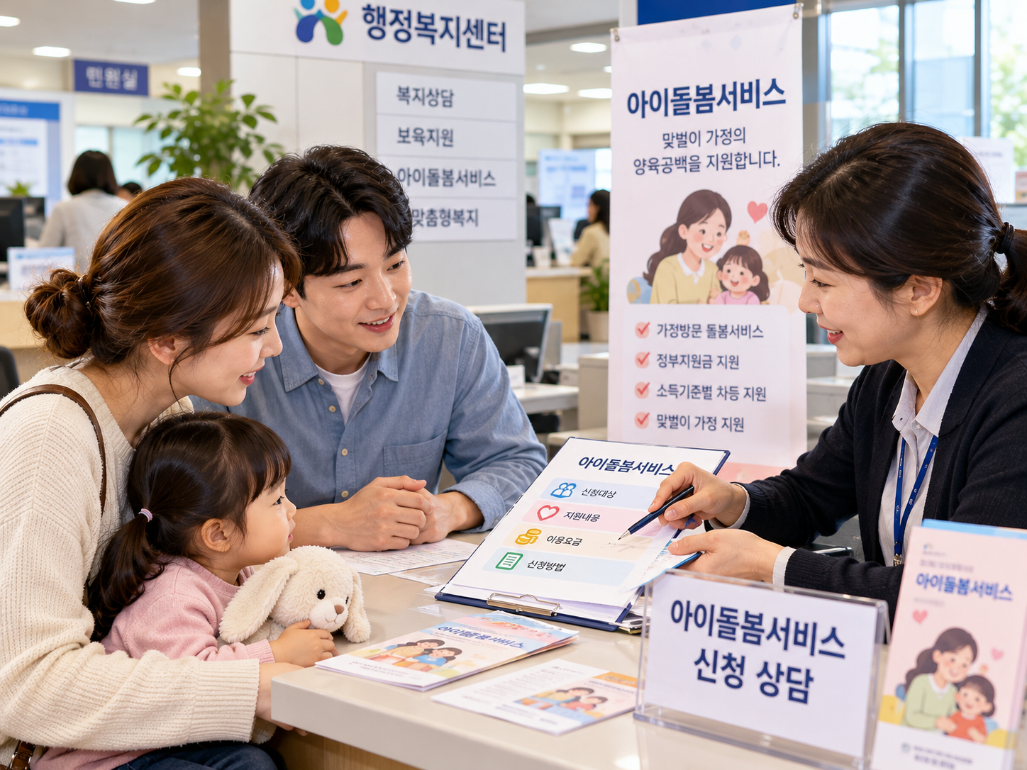 행정복지센터에서 아이돌봄서비스 신청을 상담하는 부모
