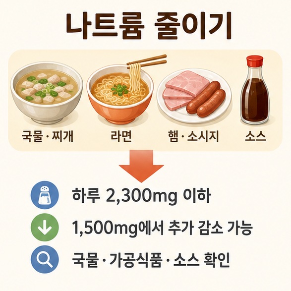 국물과 라면, 가공육, 소스의 섭취를 줄이고 하루 나트륨 섭취량을 관리하는 방법을 정리한 이미지