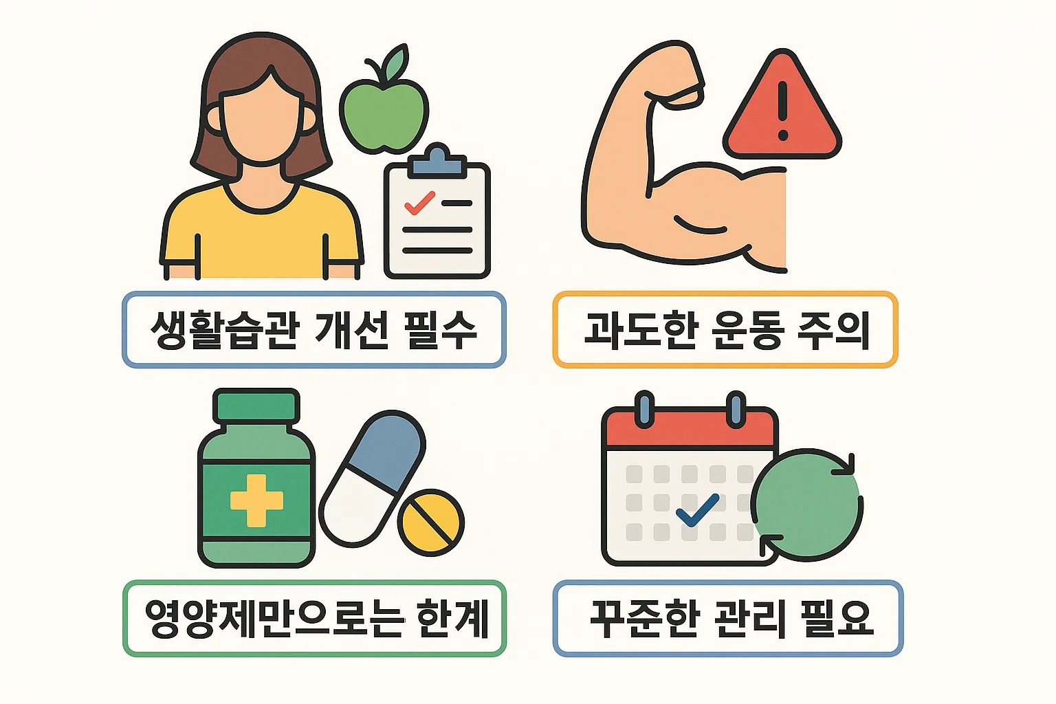 생활습관 개선, 과도한 운동 자제, 꾸준한 관리 필요성 등을 안내한 인포그래픽. 영양제 의존보다는 지속적 관리의 중요성을 강조함.