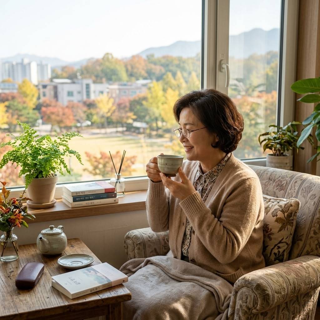창가에서 따뜻한 차를 마시며 여유를 즐기는 50대 한국인 여성의 온화한 모습
