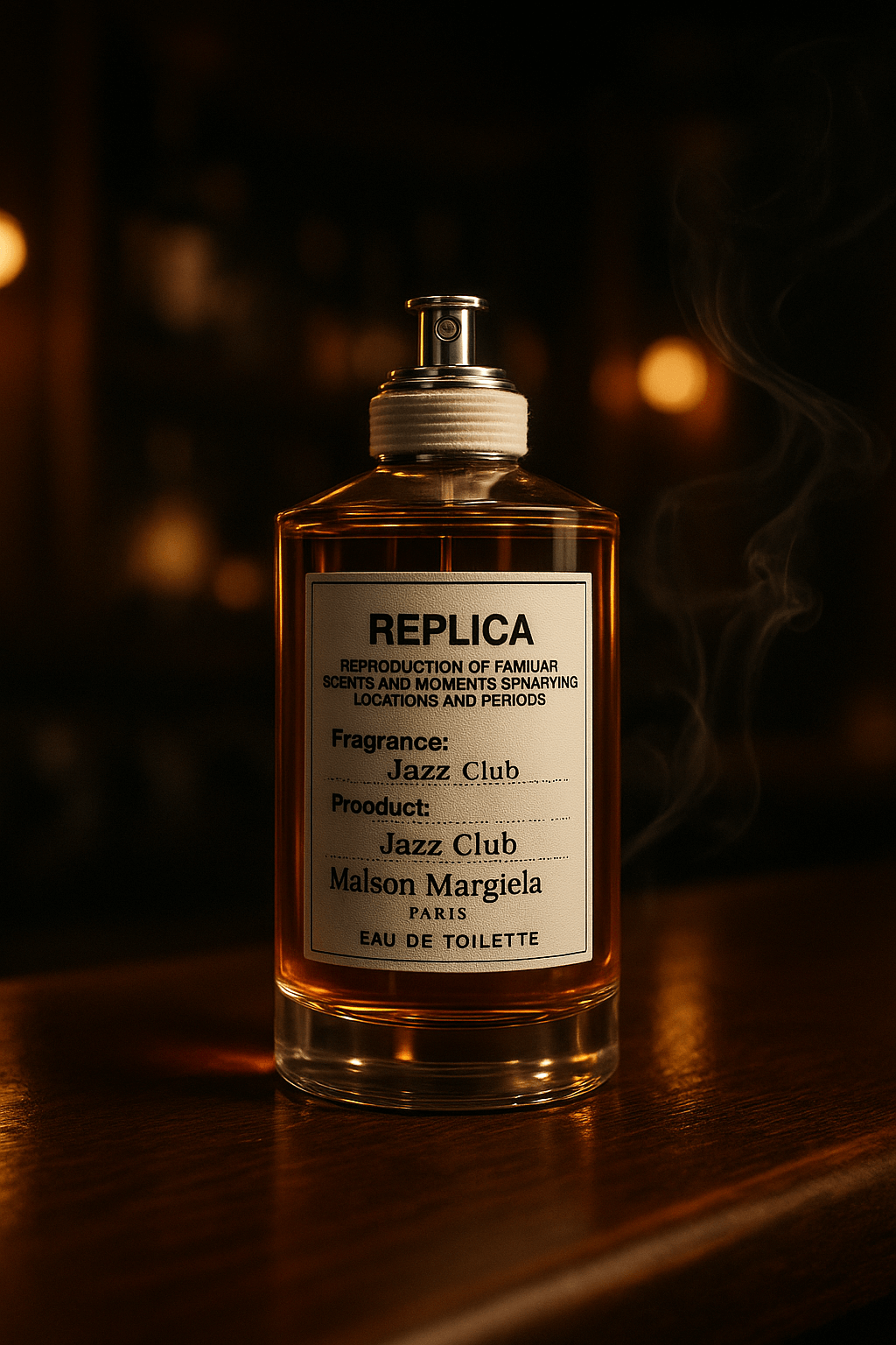 Maison Margiela Replica Jazz Club 향수 병이 나무 바 위에 놓여 있으며, 따뜻한 앰버빛 액체와 재즈 바 분위기의 은은한 조명이 어우러져 고급스러운 무드를 자아내는 모습