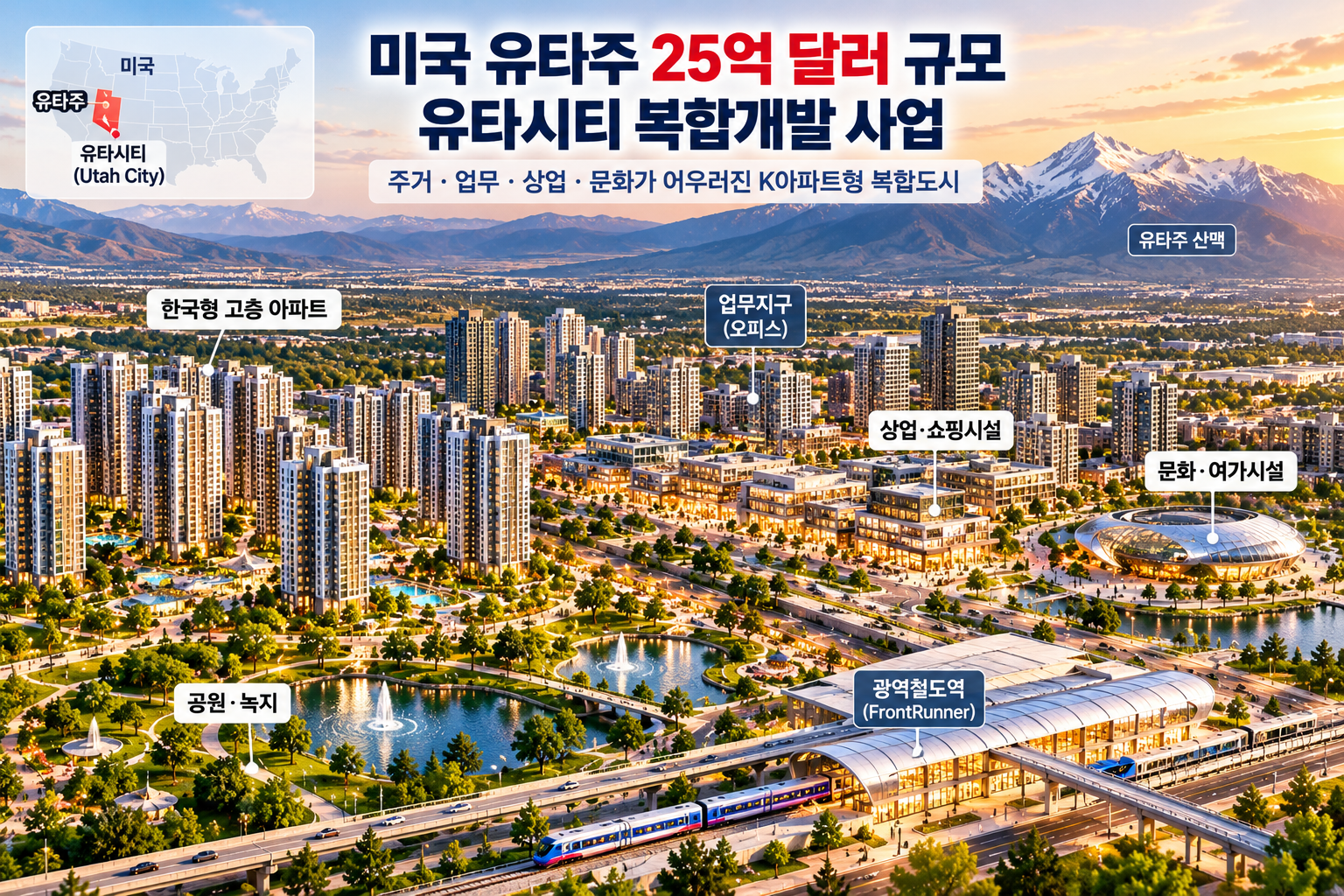 미국 유타시티 25억 달러 복합개발 사업과 K아파트 미국 진출을 표현한 AI 생성 도시 개념도