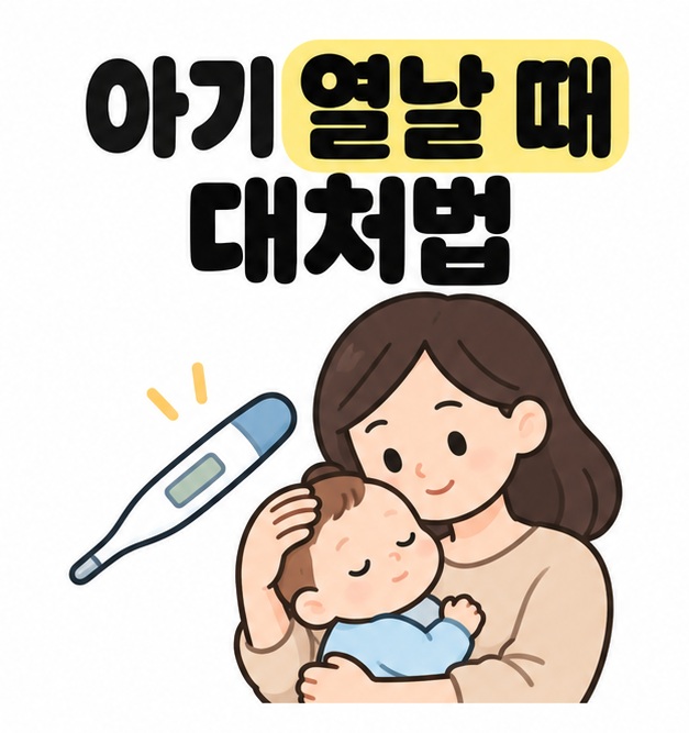 아기 열날 때 대처법 제목 아래 보호자가 아기의 머리를 받쳐 안고 있으며 옆에 전자체온계가 놓인 이미지