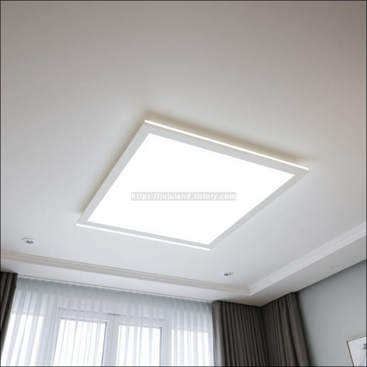 정사각형-LED-등이-천장에-붙어있다.