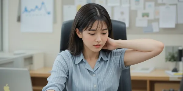 책상에서 팔근육 떨림을 느끼는 여성