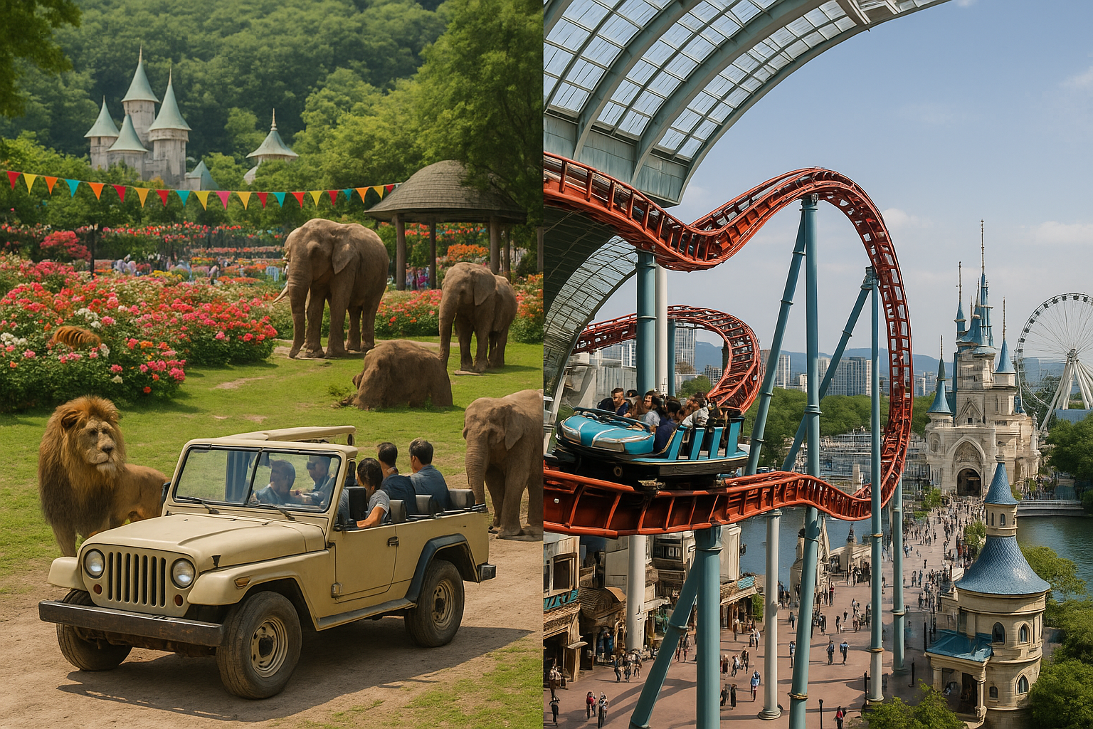 왼쪽에는 사파리 차량에 탄 방문객들이 사자와 코끼리를 가까이서 관찰하는 에버랜드 풍경이, 오른쪽에는 유리 돔 아래 롯데월드의 ‘아틀란티스’ 롤러코스터가 달리는 모습