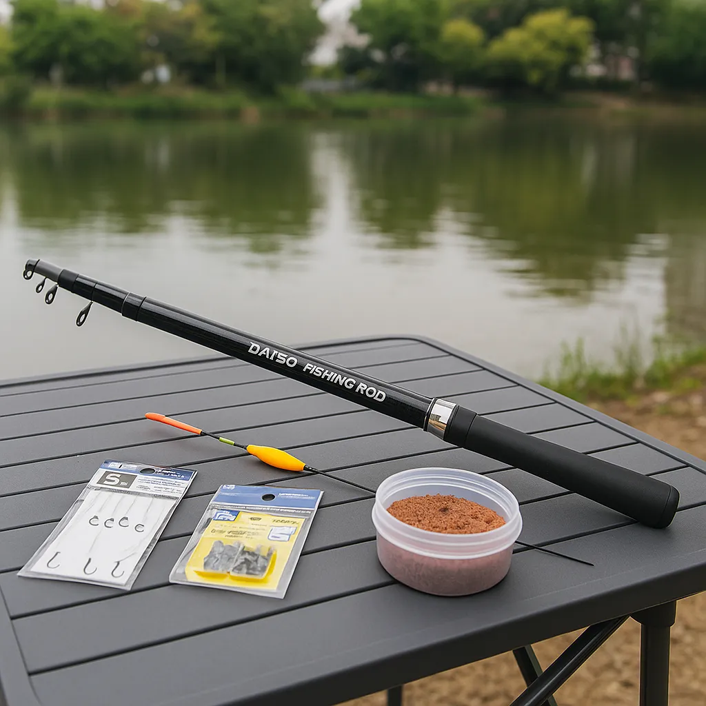 간이 테이블 위에 다이소 낚싯대와 찌, 바늘, 미끼통이 정돈된 상태