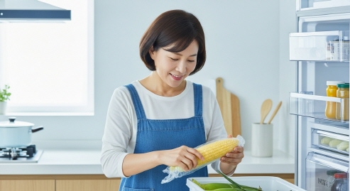 한국 주부가 옥수수를 랩으로 포장해 냉동고에 넣는 장면