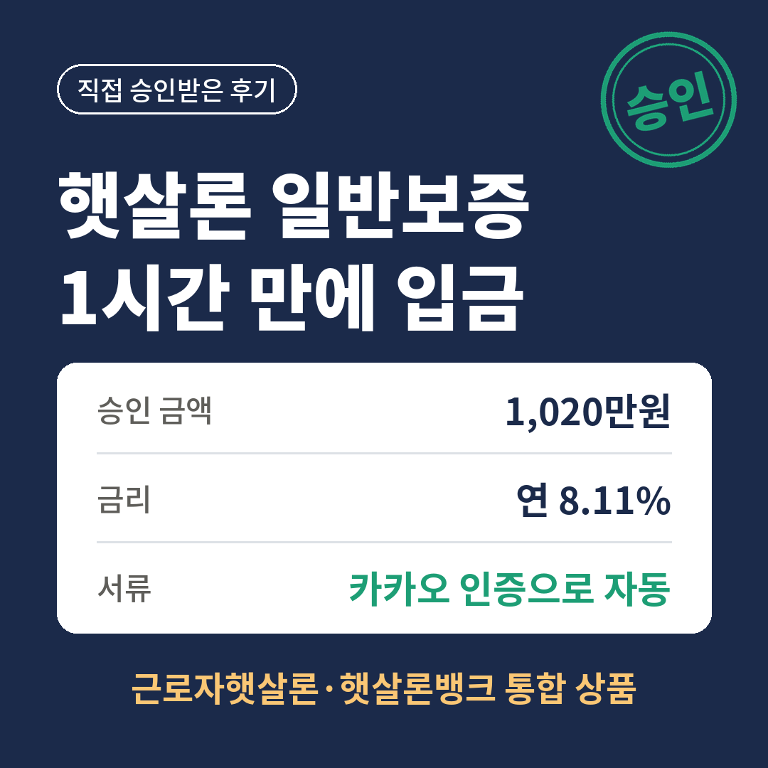 햇살론 일반보증 직접 승인 후기, 1,020만원을 연 8.11%로 카카오 인증 자동 서류 제출만으로 신청해 1시간 만에 입금받은 경험을 요약한 썸네일