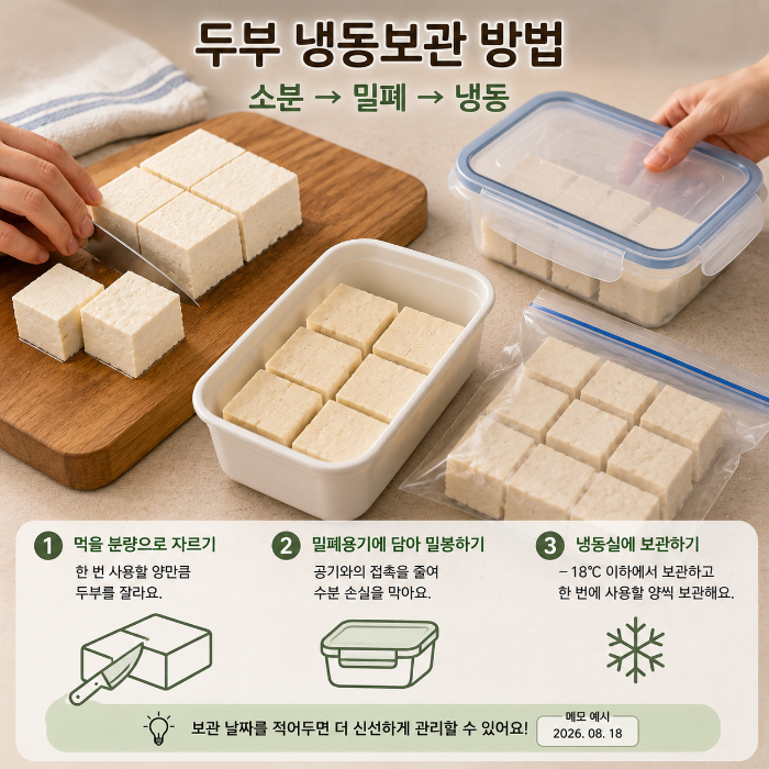 두부 냉동보관을 위해 먹을 만큼 소분하고 밀폐용기나 냉동용 지퍼백에 담아 보관하는 방법을 보여주는 이미지