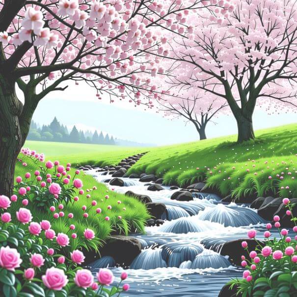 시냇물과 분홍빛 나무들