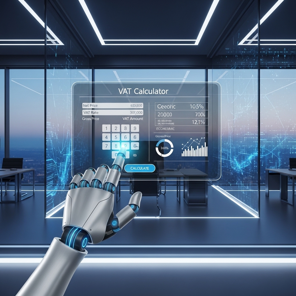 AI 시대에 디지털 부가가치세 계산기를 사용하는 로봇 손이 부가세 신고의 정확성과 효율성을 상징하는 이미지.