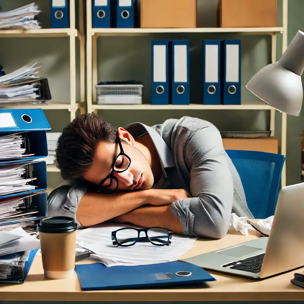 식곤증으로 책상에 업드려 자는 남자
