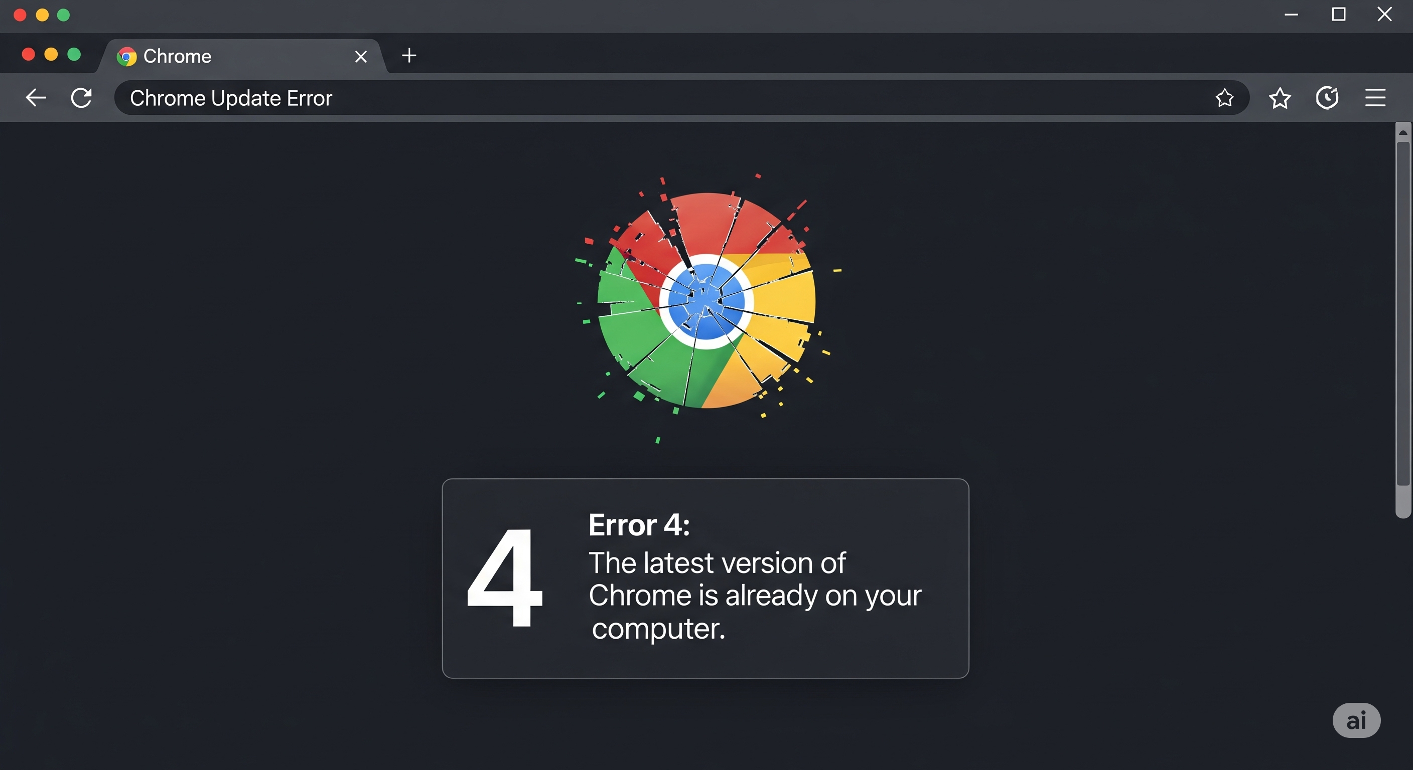 크롬 업데이트 실패 메시지와 오류 코드 4가 표시된 컴퓨터 화면 이미지