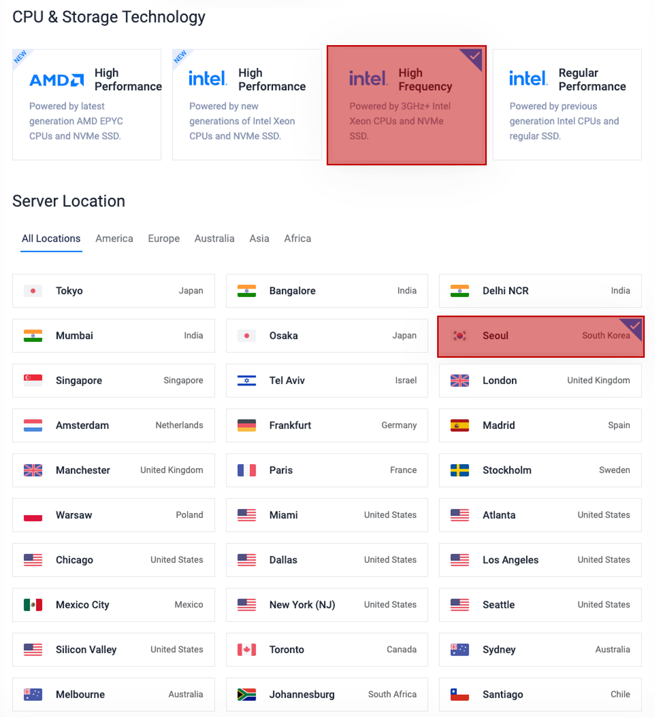 CPU 옵션 및 서버 위치 설정하기