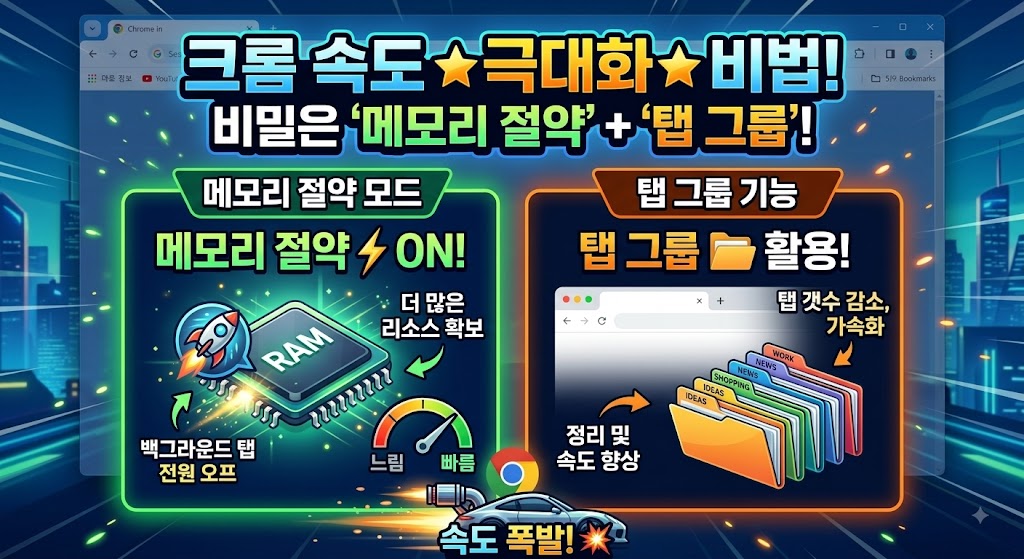 구글 크롬 브라우저의 메모리 절약 모드 설정 및 탭 그룹 정리 기능을 사용하는 모니터 화면