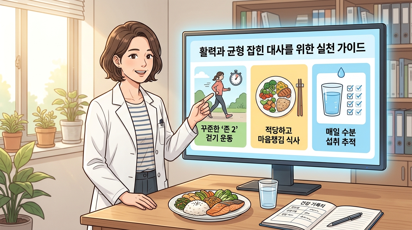 밝고 깨끗한 진료실 환경에서 보건 전문가 선생님이 대형 인포그래픽 안내판을 가리키며 몸의 면역 세포를 깨우는 무리 없는 운동량과 절제된 식단 수칙을 친절하게 교육하고 활력 있는 삶을 위한 실천 수칙의 핵심인 적절한 운동과 과하지 않은 식습관 방법을 독자에게 다정하게 알려주는 2D 일러스트 이미지.