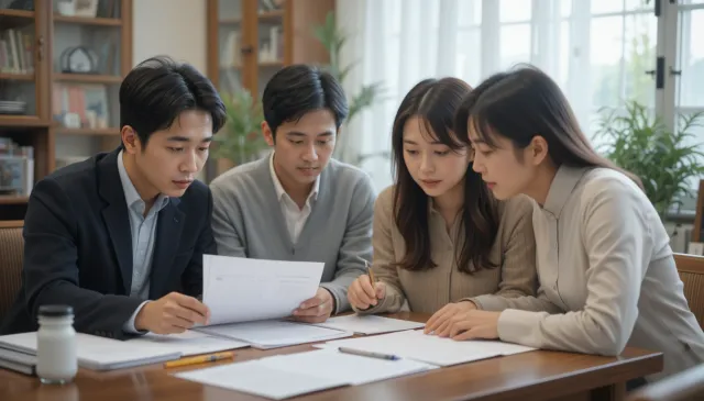 등기소 직원에게 서류 제출 중인 장면