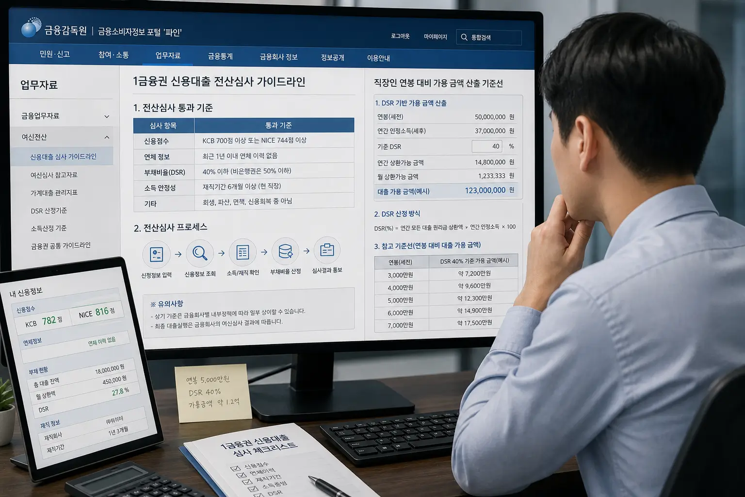 1 금융권 신용 대출 한도 전산 심사 통과 가이드라인과 직장인 연봉 대비 가용 금액 산출 기준선을 금융감독원 전산망으로 검토하는 차주