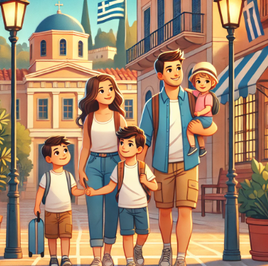 그리스에서 안전하게 여행하는 가족의 모습