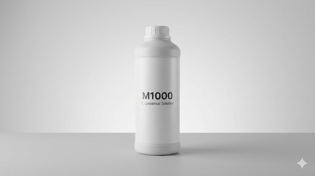 깔끔한 스튜디오 배경 중앙에 "M1000 1L Universal Solution" 라벨이 부착된 삼양플라스틱 M1000 1리터 HDPE 용기가 단독으로 놓여 있습니다. 군더더기 없는 깔끔한 디자인과 다양한 산업에 적용 가능한 범용성을 강조합니다. (군더더기 없는 제품 단독 샷을 통해 디자인의 완성도와 범용성을 직관적으로 보여줍니다.