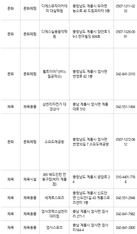 계룡 문화누리카드 사용처