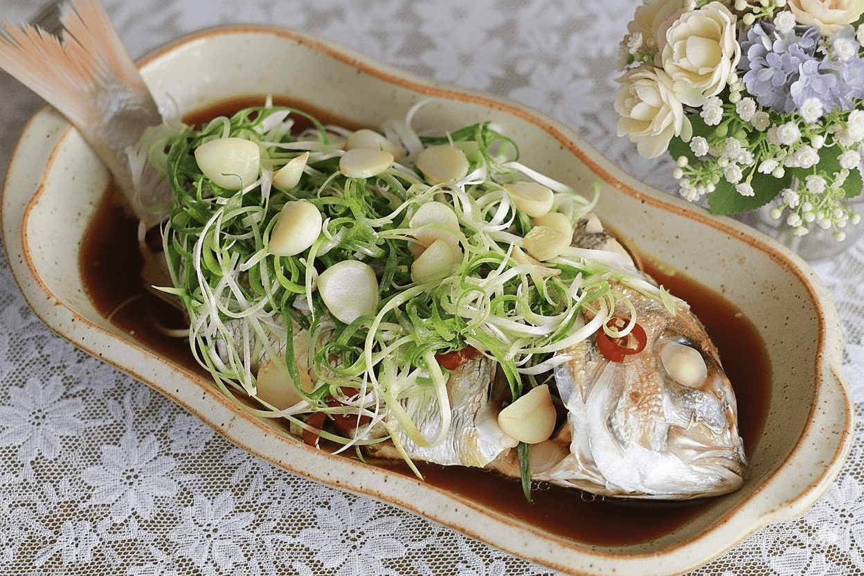 윤기가 흐르는 선홍빛 도미찜 요리.