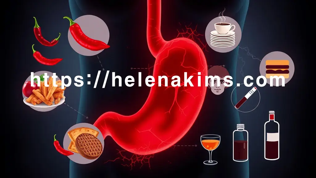 고통스러워하는 듯한 추상적인 위(stomach) 형태가 중앙에 위치. 위 주변으로는 매운 음식(고추), 기름진 음식(튀김), 카페인(커피 잔), 과식(쌓인 접시), 스트레스(일그러진 얼굴), 흡연(담배), 음주(술잔), 약물(약병) 등 위산과다의 주요 원인을 상징하는 아이콘들이 위를 압박하는 느낌을 강조한 이미지.