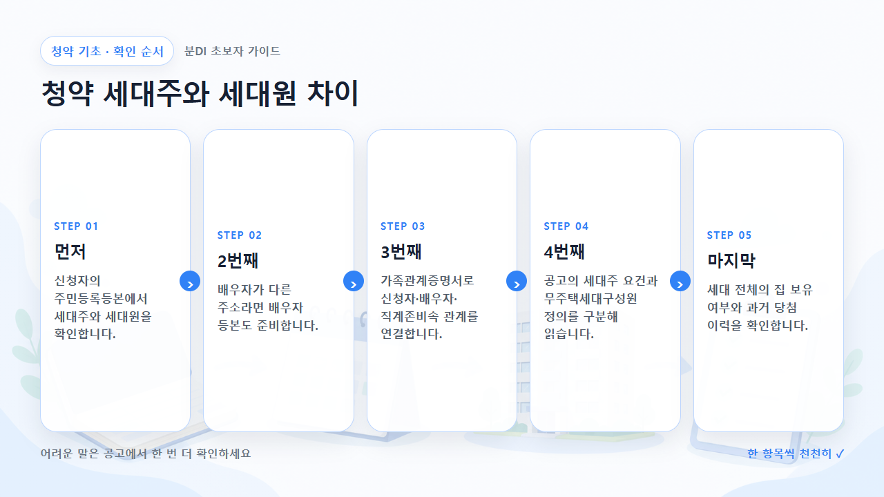 청약 세대주와 세대원 차이 확인 순서를 다섯 단계로 보여주는 흐름도