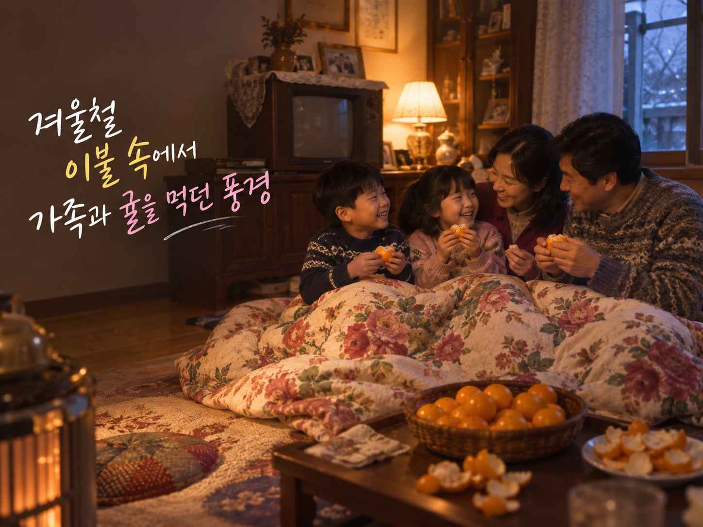 겨울 저녁 따뜻한 방에서 가족이 꽃무늬 이불을 함께 덮고 귤을 먹는 모습과 제목 문구