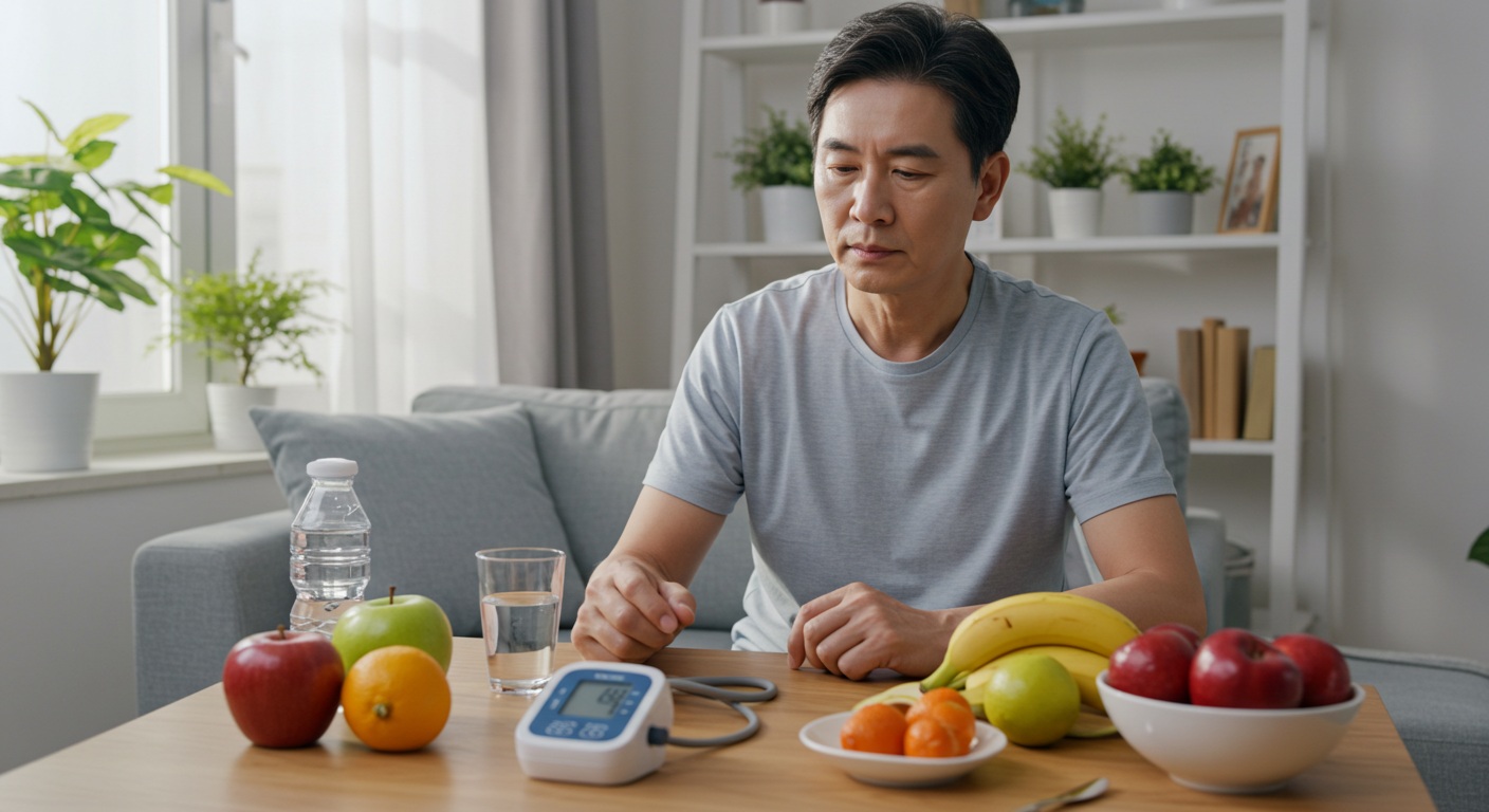 건강한 식단, 혈압계, 운동 장비가 함께 있는 생활 습관 개선 이미지