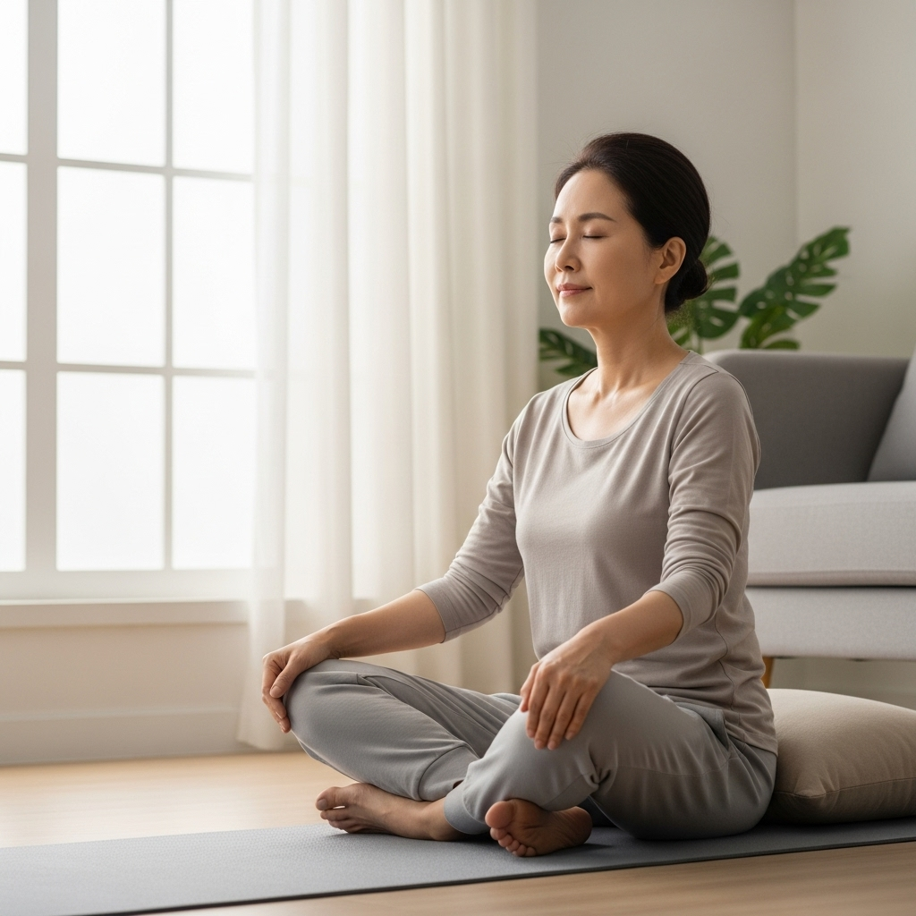 [이미지 3: 한 50대 한국인 여성이 거실 창가에서 눈을 감고 편안하게 심호흡하며 명상하는 모습]