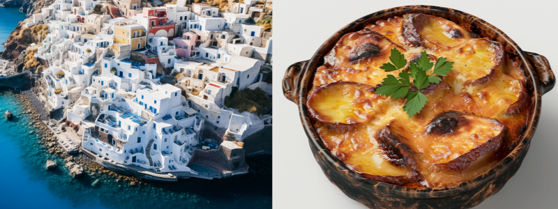 그리스 여행지와 무사카 이미지