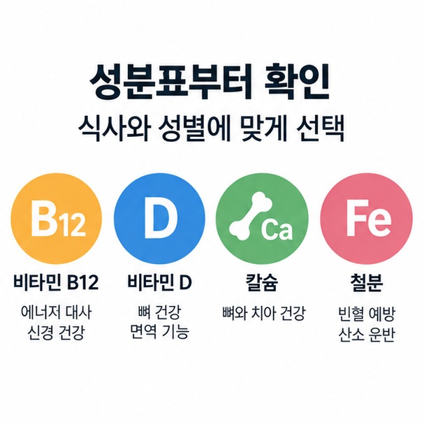 50대에서 비타민 B12와 비타민 D, 칼슘, 철분을 확인하는 기준을 정리한 이미지