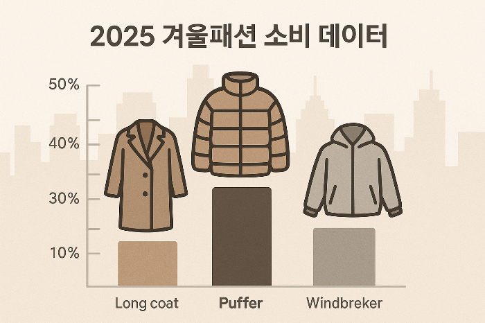 2025 겨울 아우터 소비 흐름을 데이터 그래픽으로 표현한 롱코트 패딩 바람막이 트렌드 이미지.