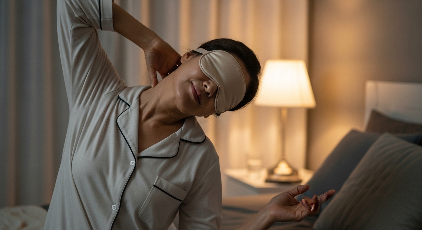 수면 전 스트레칭과 핫팩을 하는 50대 여성