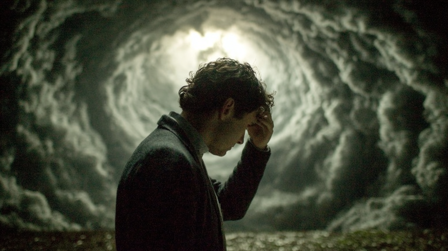 머리를 감싸쥐고 복잡한 생각에 잠긴 사람