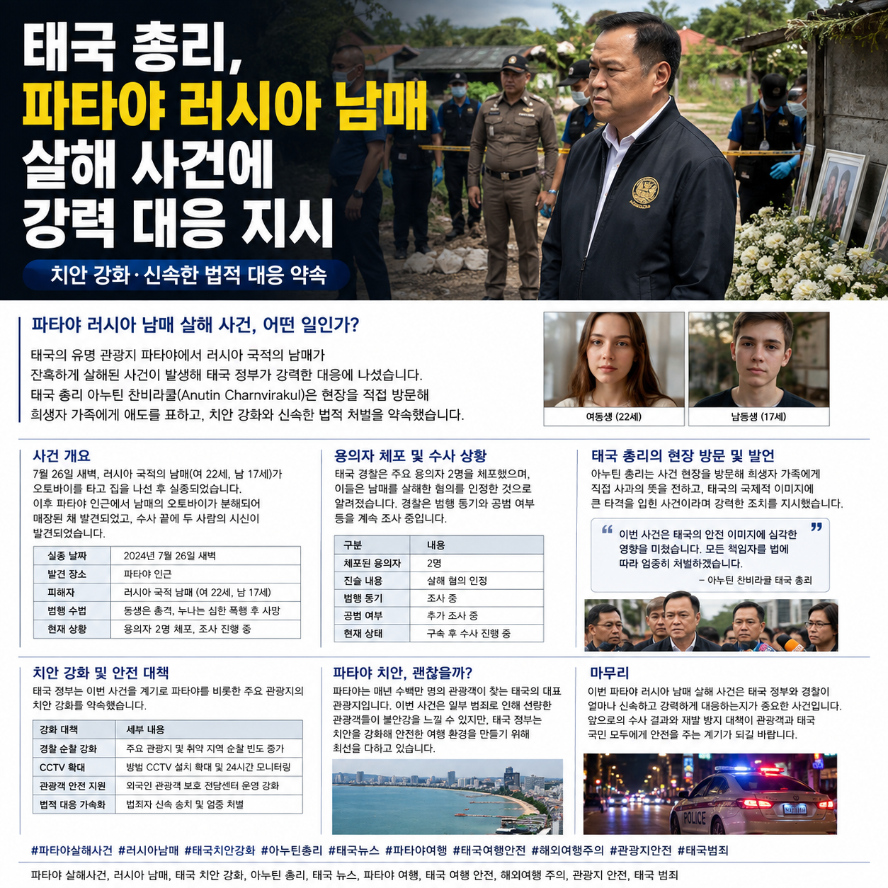 태국 총리, 파타야 러시아 남매 살인 사건에 강력 대응 지시