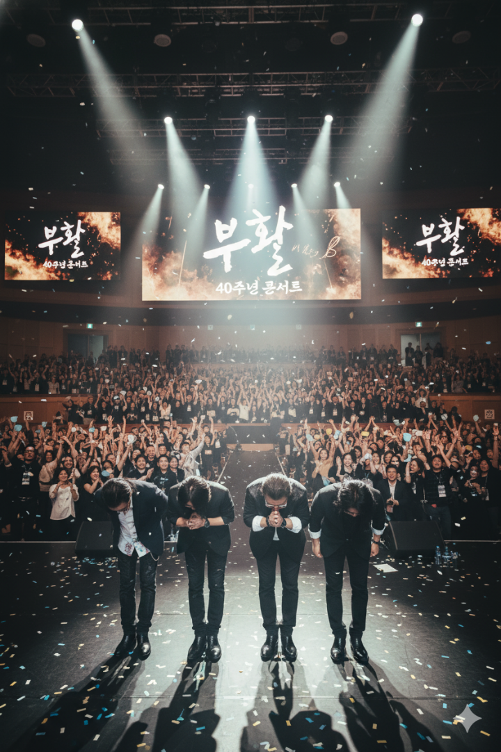 부활 밴드 멤버들이 함께 무대 위에서 인사하는 모습