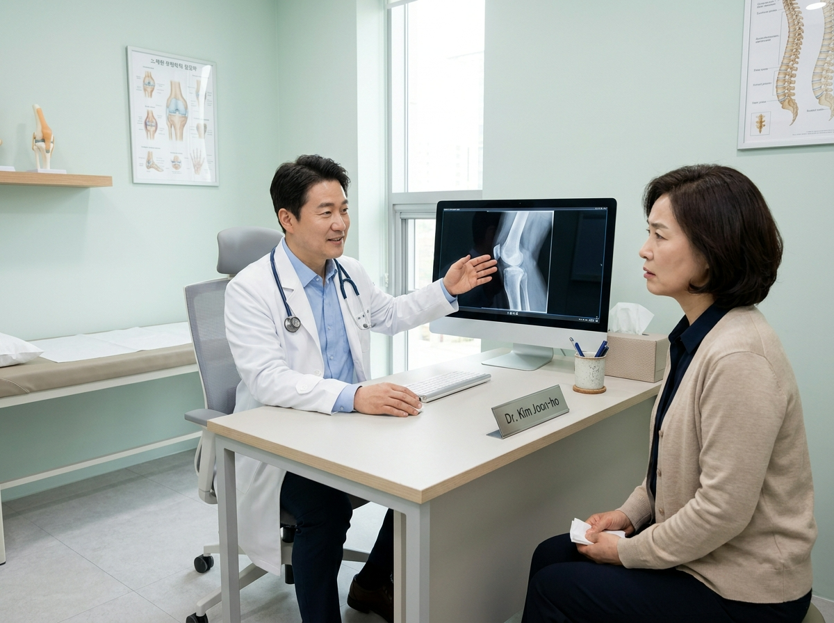 정형외과 진료실에서 엑스레이 영상을 보며 환자에게 설명하는 한국인 의사