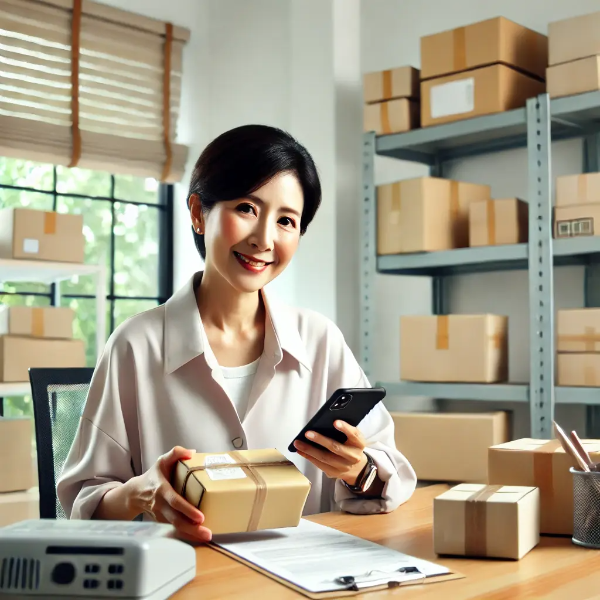 소상공인 사무실 책상에서 택배 상자를 들고 지원 앱을 확인하는 동양인 중년 여성의 초고해상도 사진