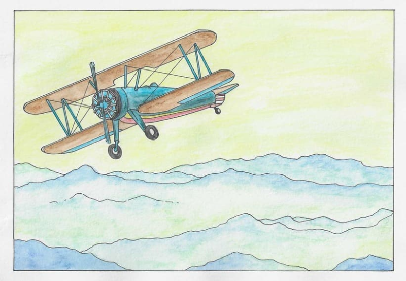 경비행기 날개는 밤색, 몸통은 청녹색으로 칠한 수채화풍 완성작