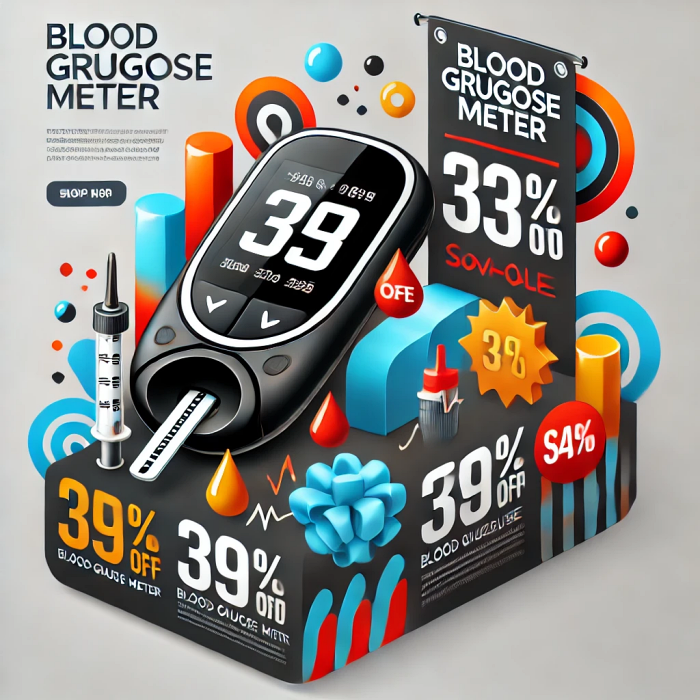 혈당 측정기 할인 프로모션 배너와 제품 이미지.