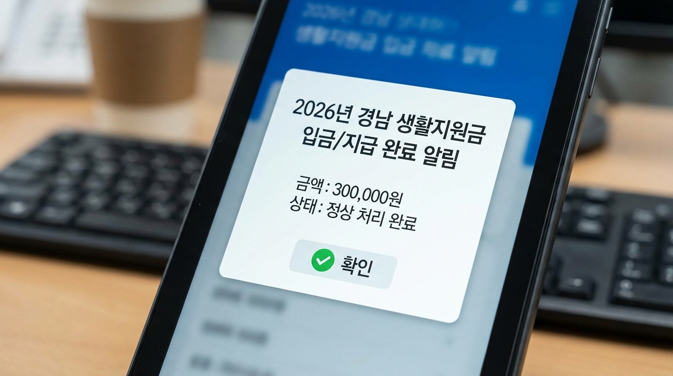 2026년 경남 생활지원금 30만원 입금 확인 및 지급 완료 디지털 알림 화면
