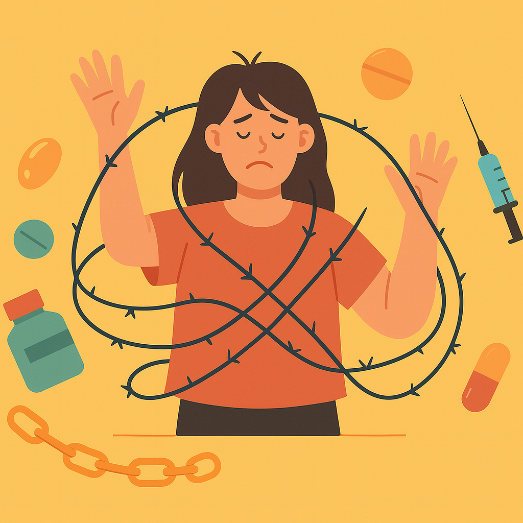 약물과 주사기, 가시줄에 얽힌 여성의 중독 상징 일러스트